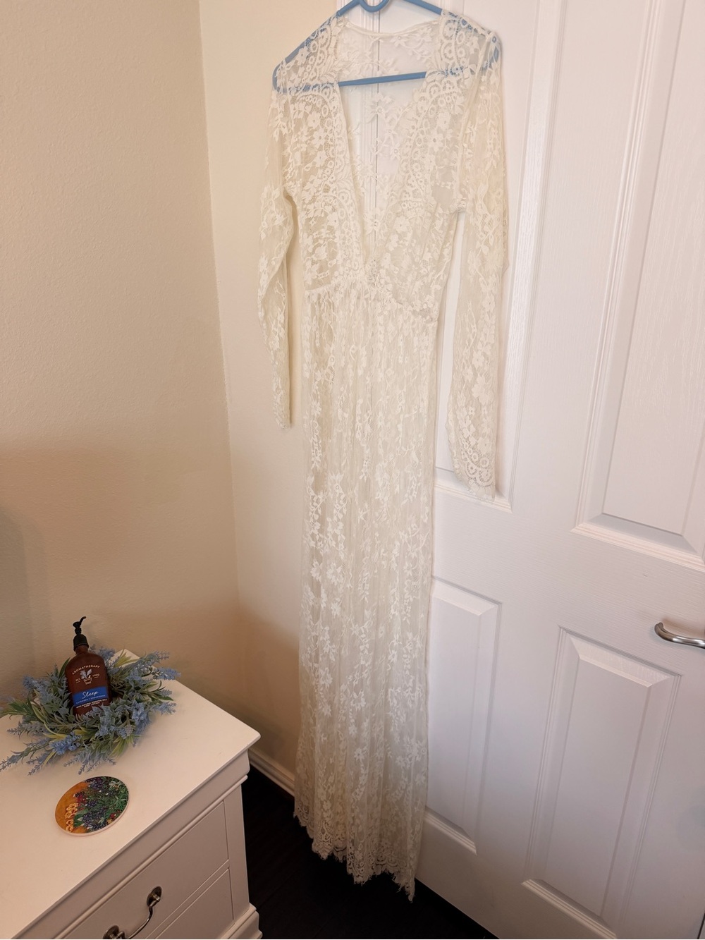 Ivory Lace Long Sleeve Chemise with Deep V-Neck